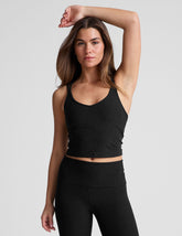 black waist length, V neckline tank top with a self shelf bra and criss-cross strap back detail.
